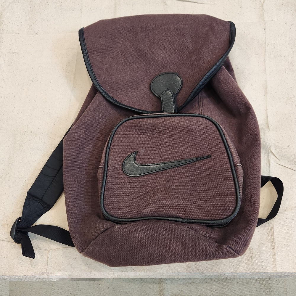 Vintage 90s Nike Brown Canvas Leather Trim Rucksack Backpack Made in Korea Y2K